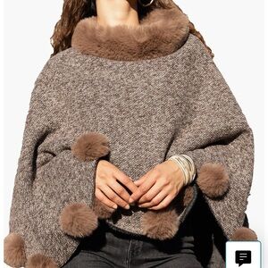 SAACHI Brown Poncho with Faux Fur Trim